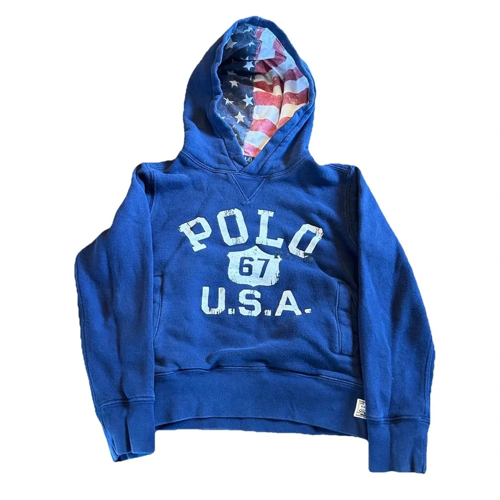 Boys Polo Ralph Lauren Hoodie USA‎ Patriotic Navy Blue Size Small 8 Distressed